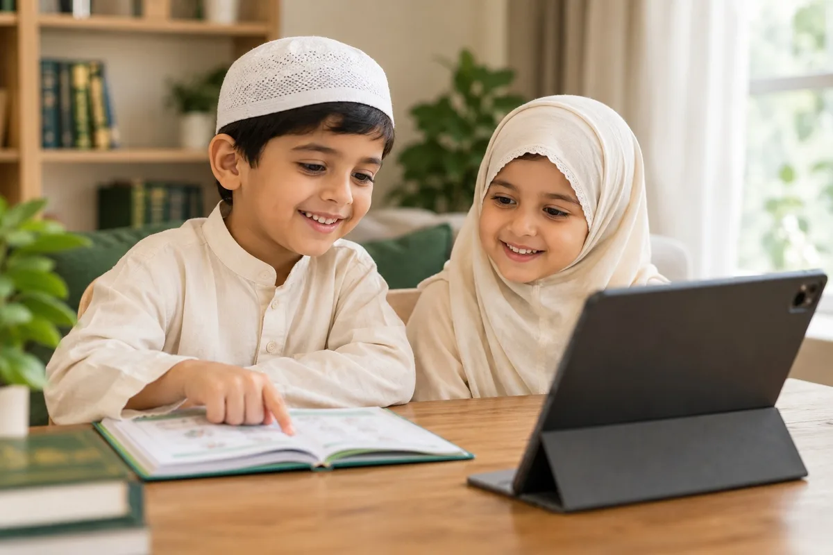 Two young children smiling during an online Quran lesson on a tablet