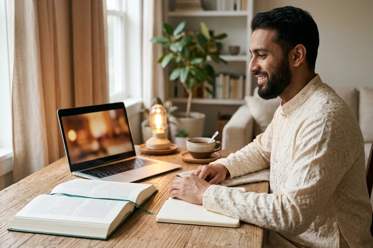 A man taking part in a live online Quran class on his laptop at home